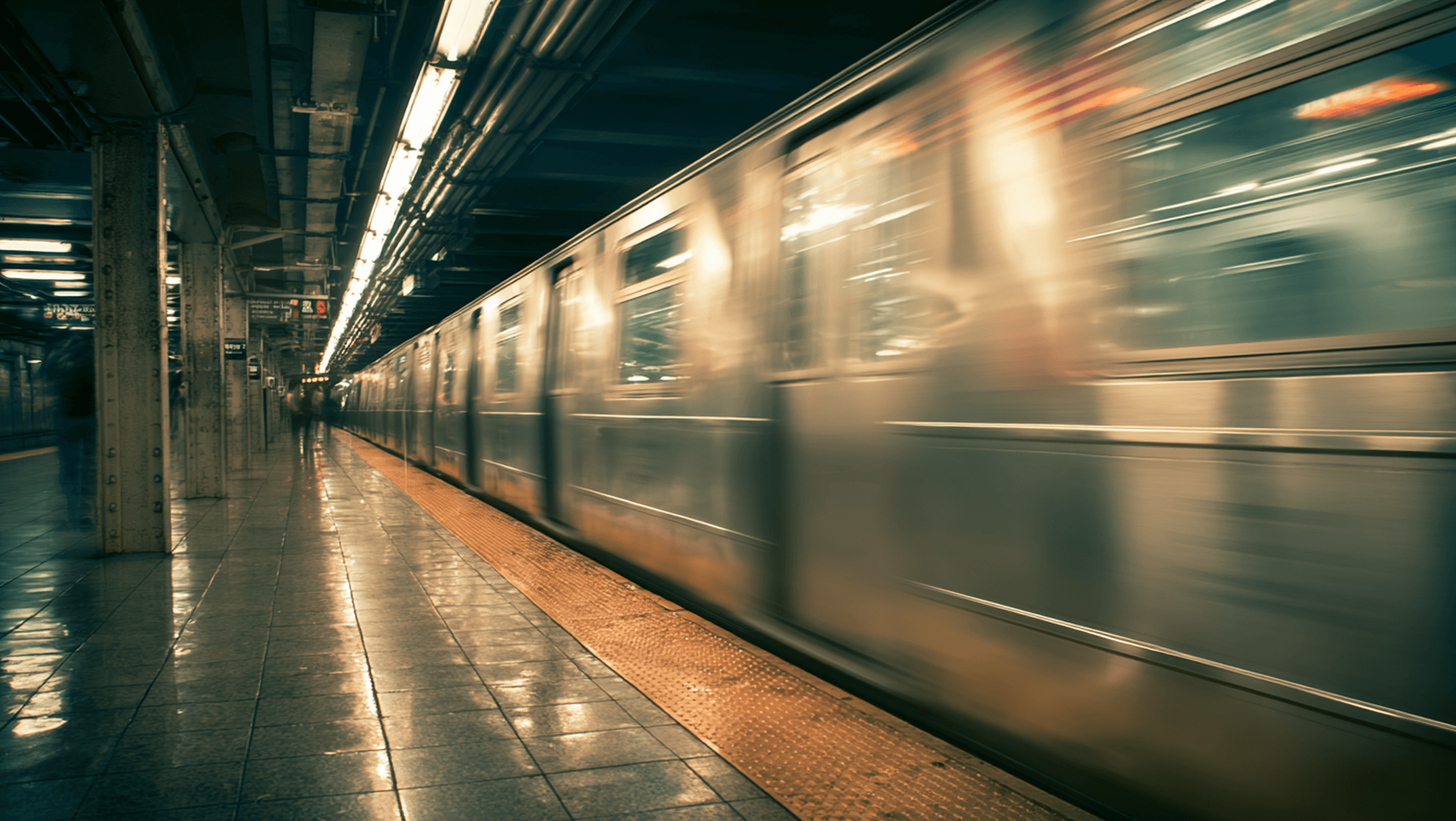 Subway train in motion at platform