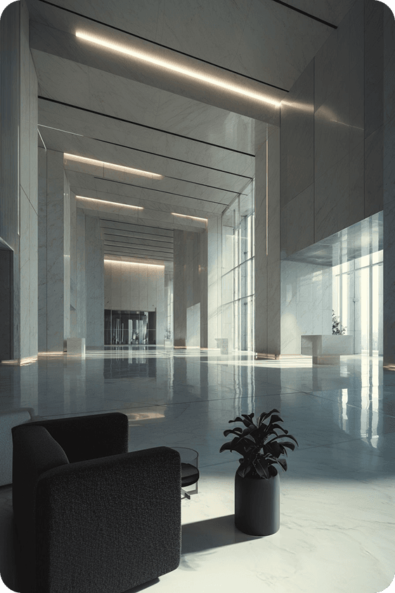 Luxury lobby with sculpted architecture and seating